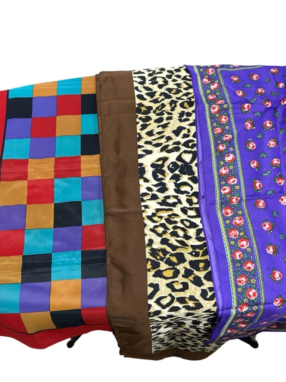 Colorblock, Leopard & Floral Mixed Silk Scarves - Purple, Brown, Teal, Red